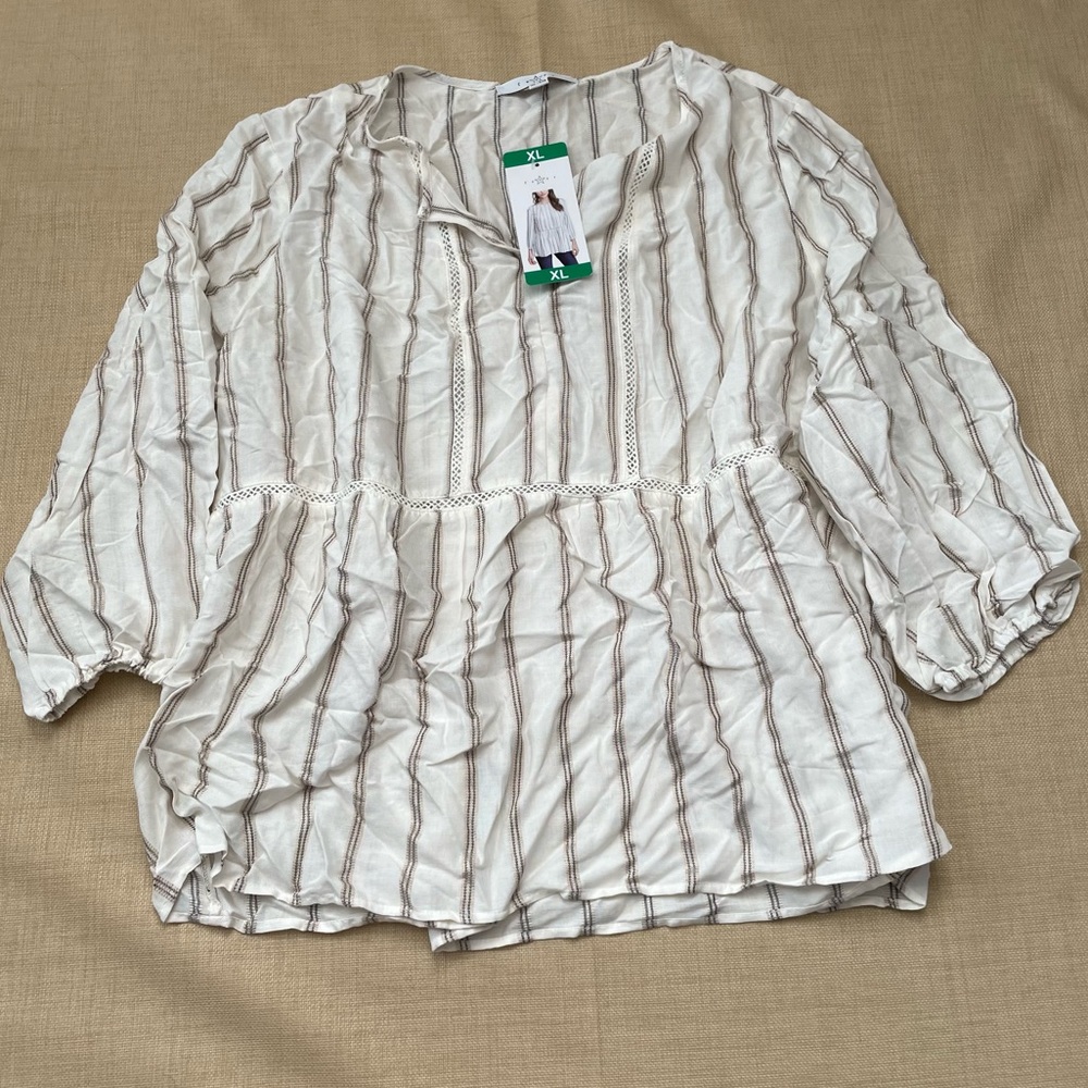 Fever 3/4 Sleeve Ivory Striped Crochet Detailed Top Blouse